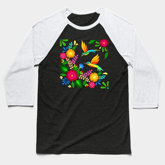 Mexican flowers and hummingbirds Baseball T-Shirt by SoozieWray